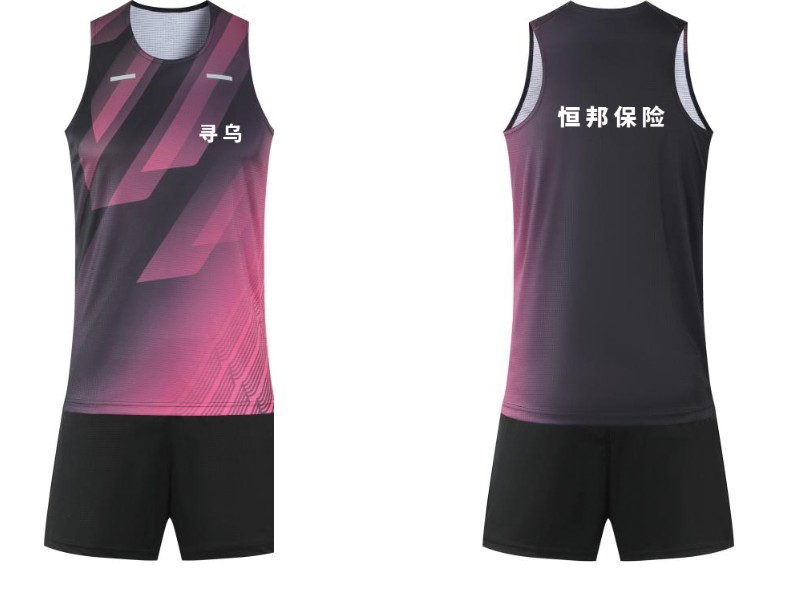 黑粉渐变男女田径服背心短裤套装正面和背面