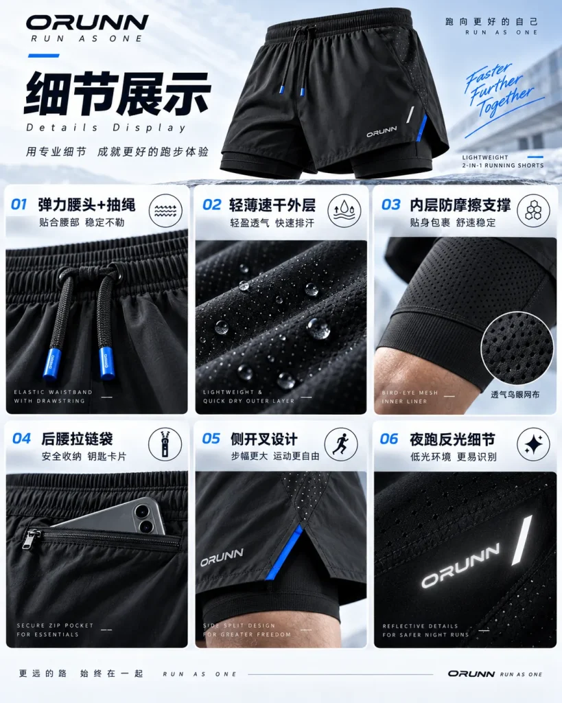 ORUNN RUN-006 跑步短裤腰头内衬口袋开叉和反光细节